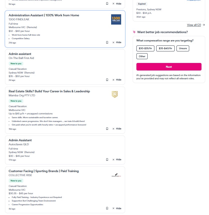 Before comparison showing standard SEEK search results without PayContext salary context