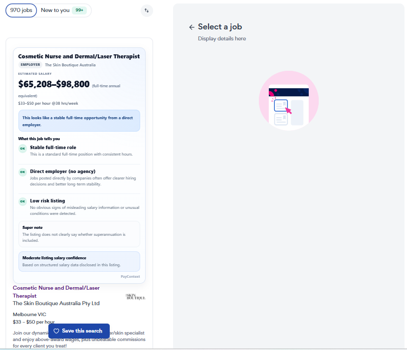 SEEK job search results enhanced with PayContext salary details, market pay context and hiring-source signals