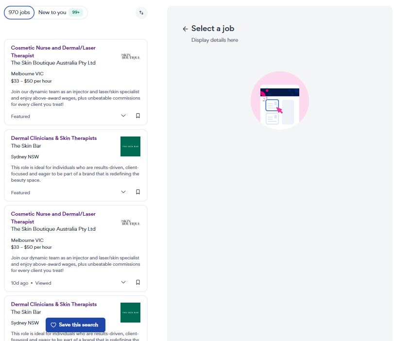SEEK job search results before adding salary context and hiring signals